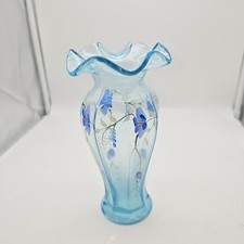 Vintage Fenton Aqua Vase Ruffled Edge Hand Painted 7.75