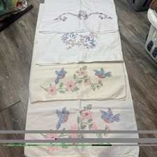 VTG Hand Embroidered Pillowcase Pair Queen 21x30 +2 Floral Cross Stitch Birds picture