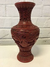 Vintage Antique Chinese Republic Period Cinnabar Vase w/ Immortal or Sage Dec. picture
