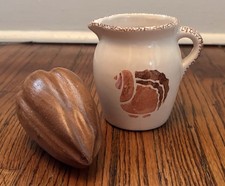 Lot Includes Vintage 1996 Ceramic Turkey Creamer Pitcher & Carved Wooden Gourd picture