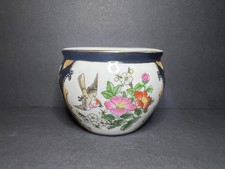 Vintage Hand Painted Porcelain Floral Bird Chinoiserie Cache Fish Bowl Planter picture