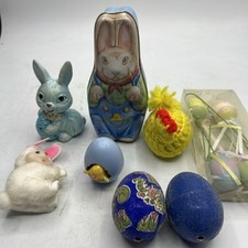 VTG Lot of Easter Decorations Lot Egg Floral Picks Bunny Huggers Figurines Tin picture