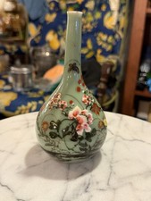 Vintage Japanese Kutani Celadon Vase Hand Painted Peony Butterfly picture
