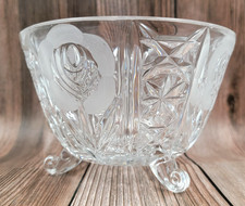 Vintage Pressed Glass Footed Candy Bowl Frosted Rose Starburst Pattern Clear picture
