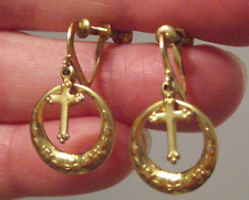 Vintage religious round dangle cross screw back heart clip on earrings picture