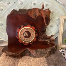 VINTAGE LIVE EDGE BURL WOOD Table Mantle CLOCK  Sea Birds Carved Mid Century Mod picture