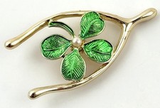 Vtg St Patrick's Day Gerrys Wishbone Four Leaf Clover Green Gold Tone Brooch Pin picture