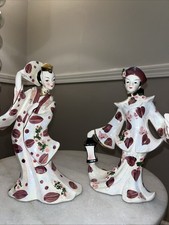 1950's Pair Asian Dancers Porcelain MCM Art Deco Geisha Geo Z Lefton picture