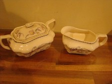 Steubenville Porcelain Creamer & Covered Sugar bowl -Floral IVORY Vtg 50's picture