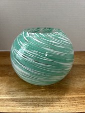 Vintage Round / Rose Bowl Art Glass Vase Handblown With Teal White & Clear Swirl picture