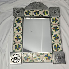 intage Mexican Punched Tin Talavera Tile Mirror 11x14 Hand Painted Folk Art picture