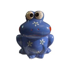 Vtg 1980s Frog Piggy Bank, Ceramic  Big Eyes Blue WhiteFlowers 5