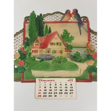 1973 Vintage Embossed Die Cut Wall Calendar Cottage Birds Flowers Complete picture