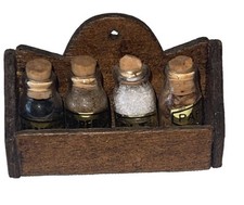 Fun Rare Vintage Miniature Dollhouse Wood Apothecary Spice Jars With Rack  picture