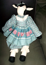PRIMITIVE 1980'S HANDMADE COW RAG Doll COUNTRY BLUE w/ APPLES Dress Farm House picture