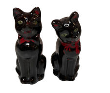 Vintage Black Cat Red Bow Green Eyes Redware Salt & Pepper Shakers picture