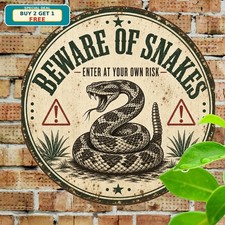 Coiled Rattlesnake Warning Distressed Vintage Round Metal Sign 8x8 picture