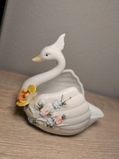 Vintage Norcrest Iridescent Swan Ceramic Planter Applied Flowers MCM Japan N106 picture