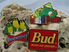 Lot 3 90s Budweiser Beer Frogs Anheuser-Busch Enamel Lapel Hat Tie Pin NOS picture