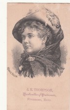 J R Thompson Bookseller Stationer  Fitchburg MA MINNIE HAUCK Vict Card c1880s picture