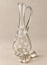 Vintage Romanian Glass Decanter Set with Stopper and 6 Etched Floral Goblets picture