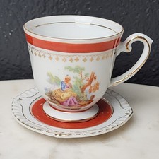 Vintage Paulux Occupied Japan Teacup Married Saucer Scenic Red Gold 1947-52 picture