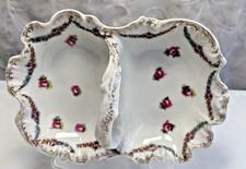 Germany Porcelain Floral Double Serving Bowl Gold Trim Handle  7.5'' x 5'' picture