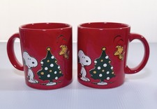 Waechtersbach Peanuts Snoopy & Woodstock Christmas Tree Mugs Set Of 2 VTG picture