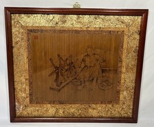 Vintage Korean Pyrography Nakhwa Painting Wood Burning Woman w/ Spinning Wheel picture