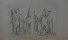 Antique 1840's Native American Engraving Art Crow and Cree Warriors History picture