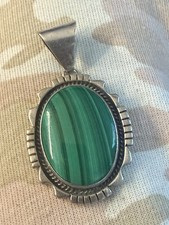 vintage NAVAJO signed BOBBY CLEVELAND malachite STERLING silver NA pendant 2 3/8 picture