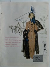 1949 women's Mandelbaum fur coats hat feather vintage fashion color art ad picture