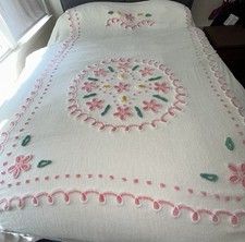 Vintage Chenille Bedspread QUEEN Sz White With Pink Flowers picture