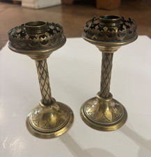Pair (2) VTG Gothic Revival Brass 6” Church Altar Candlestick Holders Crown top picture