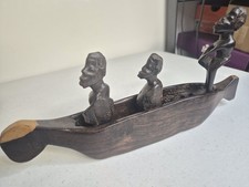 Antique Vintage African Wood Hand Carved Fisherman in Boat picture