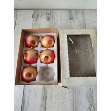 Vintage Austria ombre orange triple indent glass glitter ornament set box Xmas picture