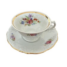 Vintage Walbrzych Footed Teacup Saucer Set White Floral Gold Trim Porcelain picture