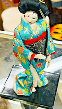 Mint Vintage Japanese kimono Doll  Silk Green Geisha, hand-painted face picture