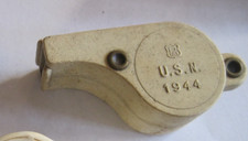 VTG WW2 US Navy 1944 Dated OD Plastic Whistle-WHITE-WELL USED/CORK BALL picture