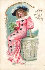 Pretty Lady in Pink Gown & Blue Hat Xmas Wishes Embossed Vintage Postcard picture