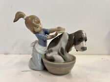 Vintage Lladro Porcelain “Bashful Bather” Girl Washing Dog Decorative Figurine picture