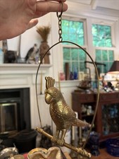 Vintage Brass Parrot on Swing 8.5” Hollywood Regency Tropical Bird Decor MCM picture