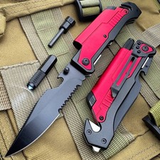 Red 7-in-1 Survival Tactical Military Folding Pocket Knife with LED Light Tool picture