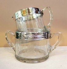 Art Deco Style Etched Floral Glass Sugar & Creamer Silver Rims Set 1920s USA picture
