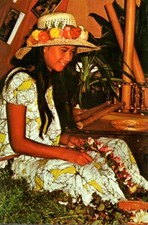 Hawaiin Flower Hawaiian Young Woman Girl Making Lai Hawaii Vintage Postcard picture