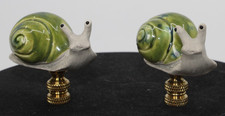 Vintage Whimsical Ceramic Snail Lamp Finials Pair - Green Glazed Studio Pottery picture