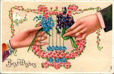 Best Wishes Postcard Man and Woman Hands Holding Flowers, White Doves picture