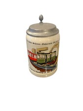 1985 German Beer Stein Pewter Lid 150 years Nurnberg Railway Train Anniv. EUC picture