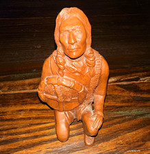 Carved Wood Native American Kneeling Man Holding Drum Figurine Brown picture