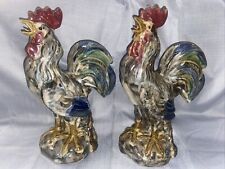 THREE HANDS CORP CERAMIC Pair Of ROOSTERS Glazed 11 1/4